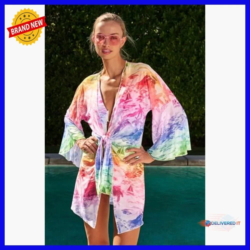 Small Tie Front Tunic Coverup, Lightweight Polyester Spandex, Bell Sleeves